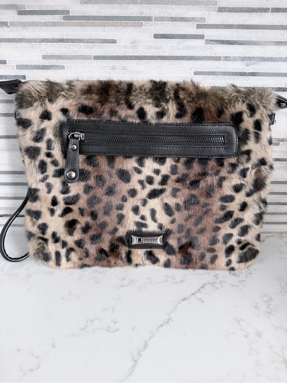 Vintage Joanel Leopard Print Faux Fur Crossbody Clutch - Black Trim